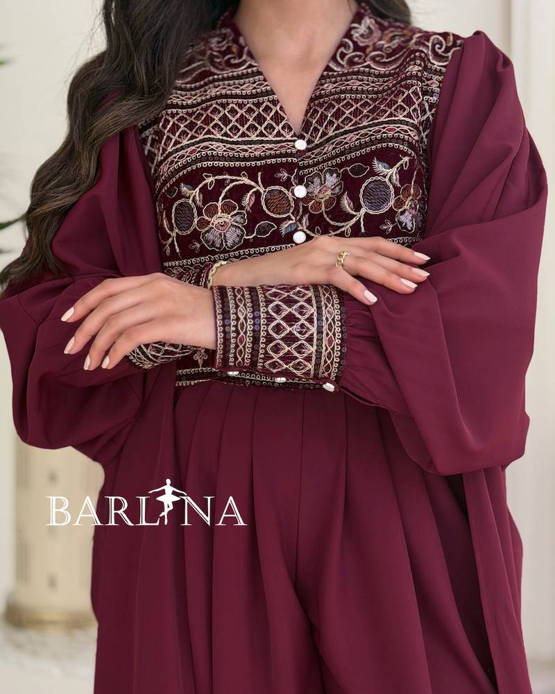 Burgundy jumpsuit jalabiya with luxurious traditional embroidery