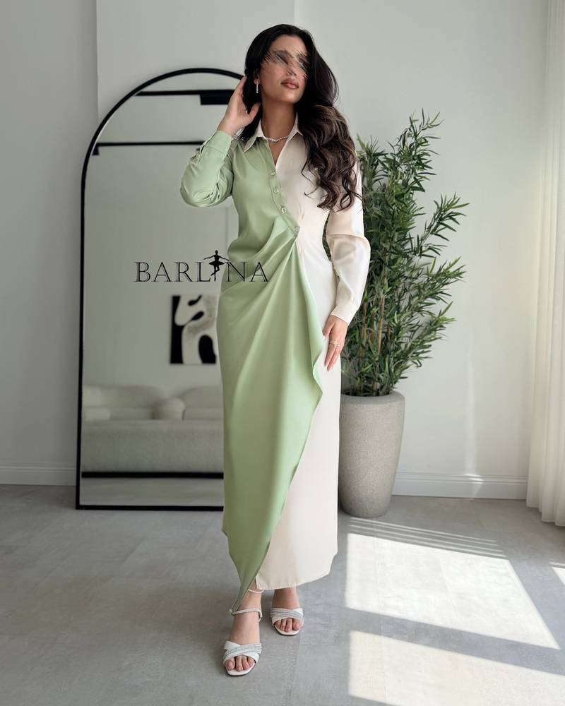 Apple green dress with front buttons and a formal collar