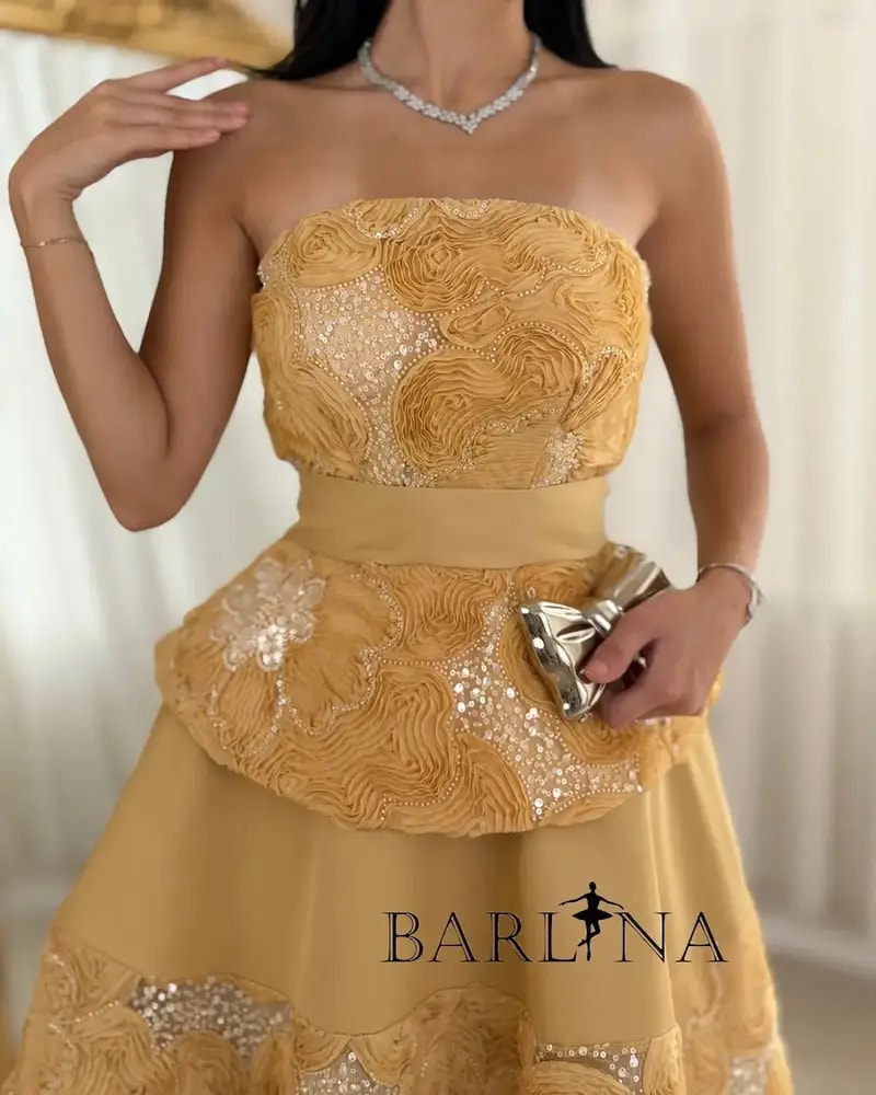 Gold midi evening dress with elegant embroidery
