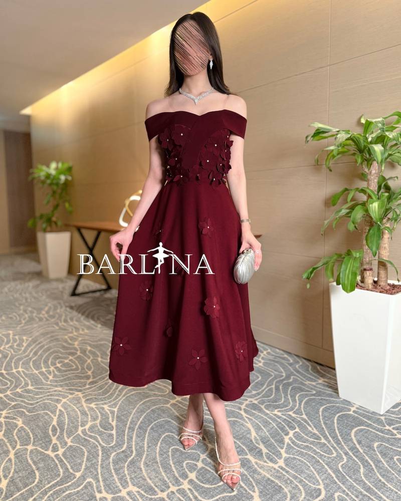 Off-the-shoulder burgundy midi dress