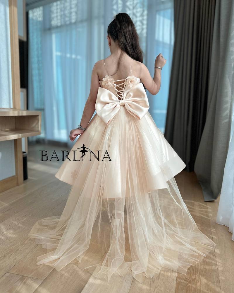 Girls' off-shoulder melon-colored evening dress
