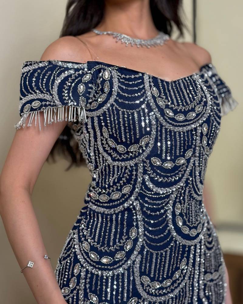 Navy Off-Shoulder Beaded Evening Dress