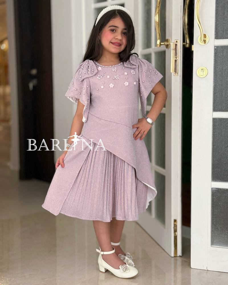Pink midi dress for girls decorated with small roses