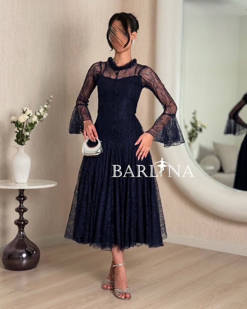Navy lace midi dress with wide sleeves