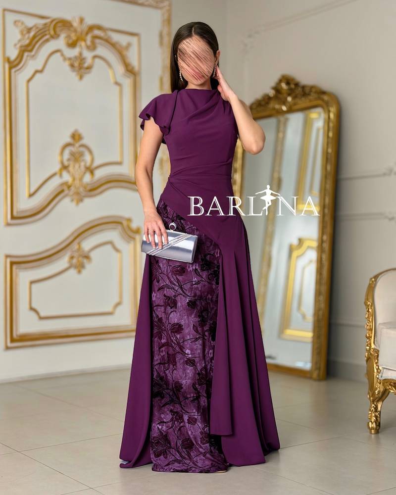 Long purple dress with a floral print