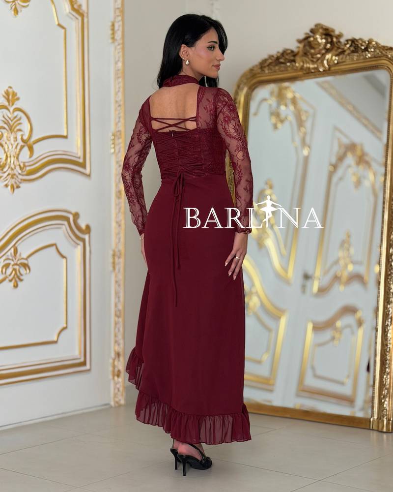 Burgundy midi dress with lace sleeves