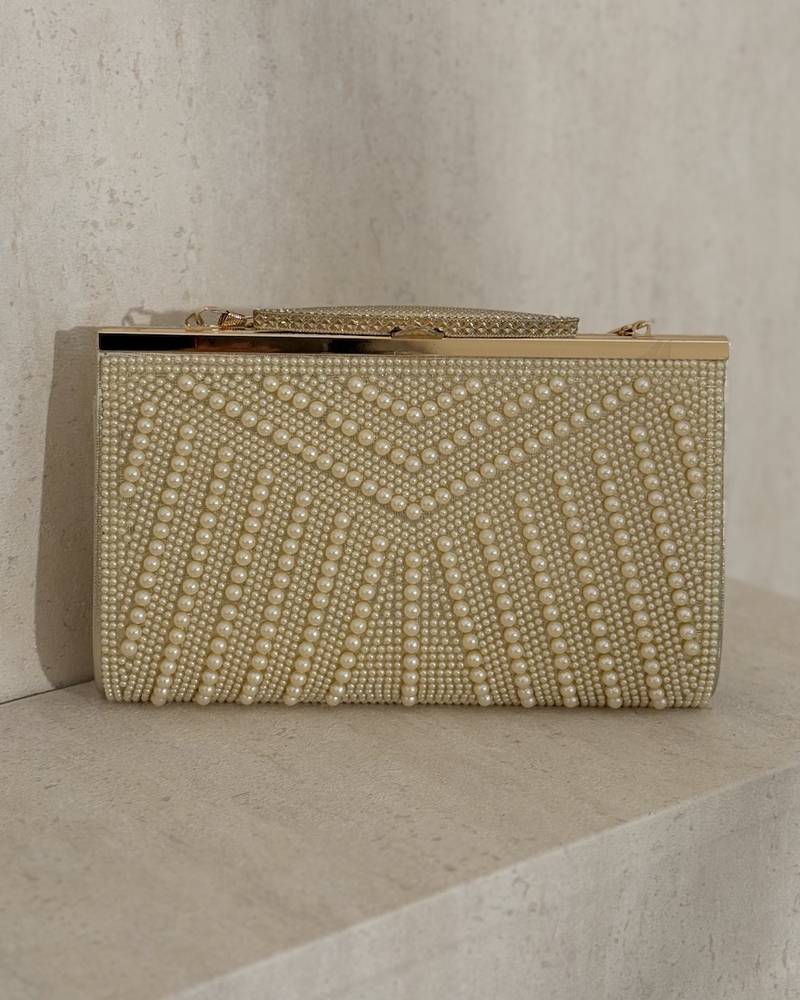 Pearl evening clutch bag with a geometric design