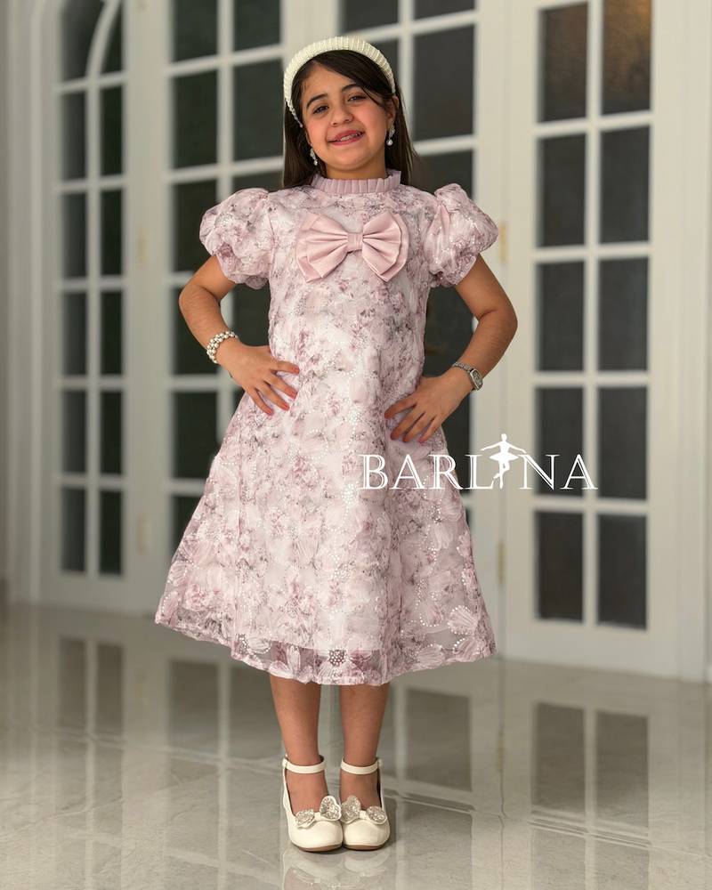 Pink embellished girl's dress with puff sleeves