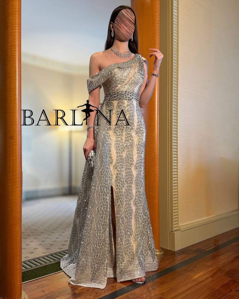 Beige one-shoulder dangling evening dress