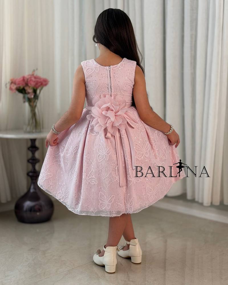 Pink girls' dress with embroidered mesh fabric