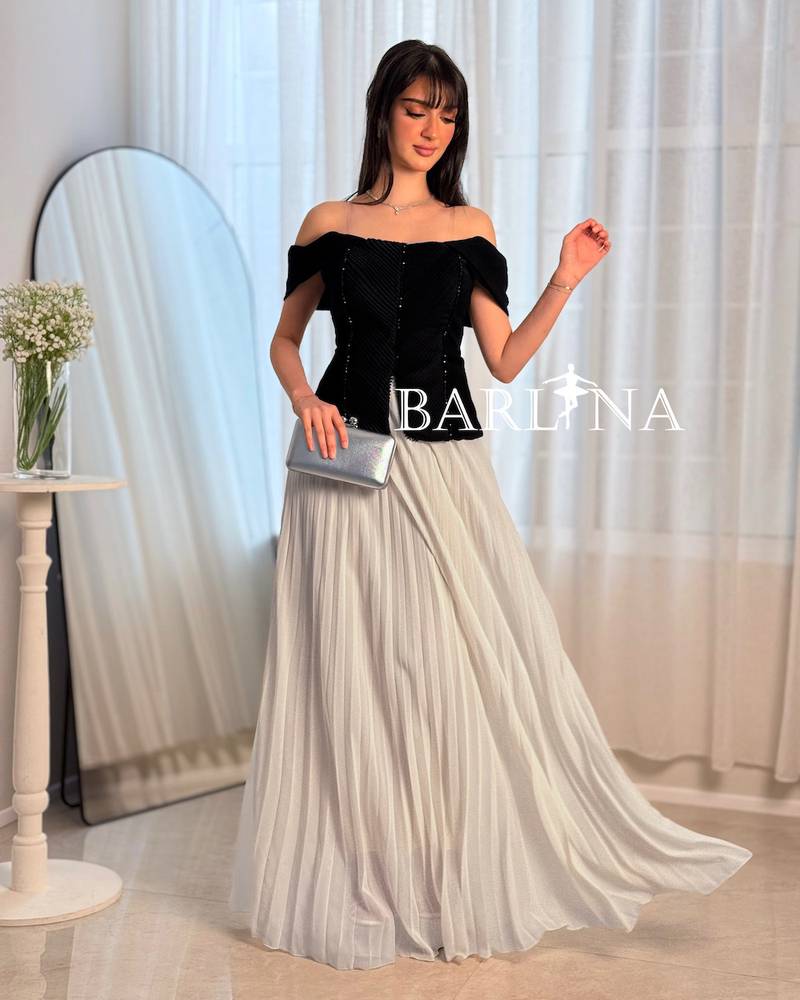 Black and off-white off-shoulder dress
