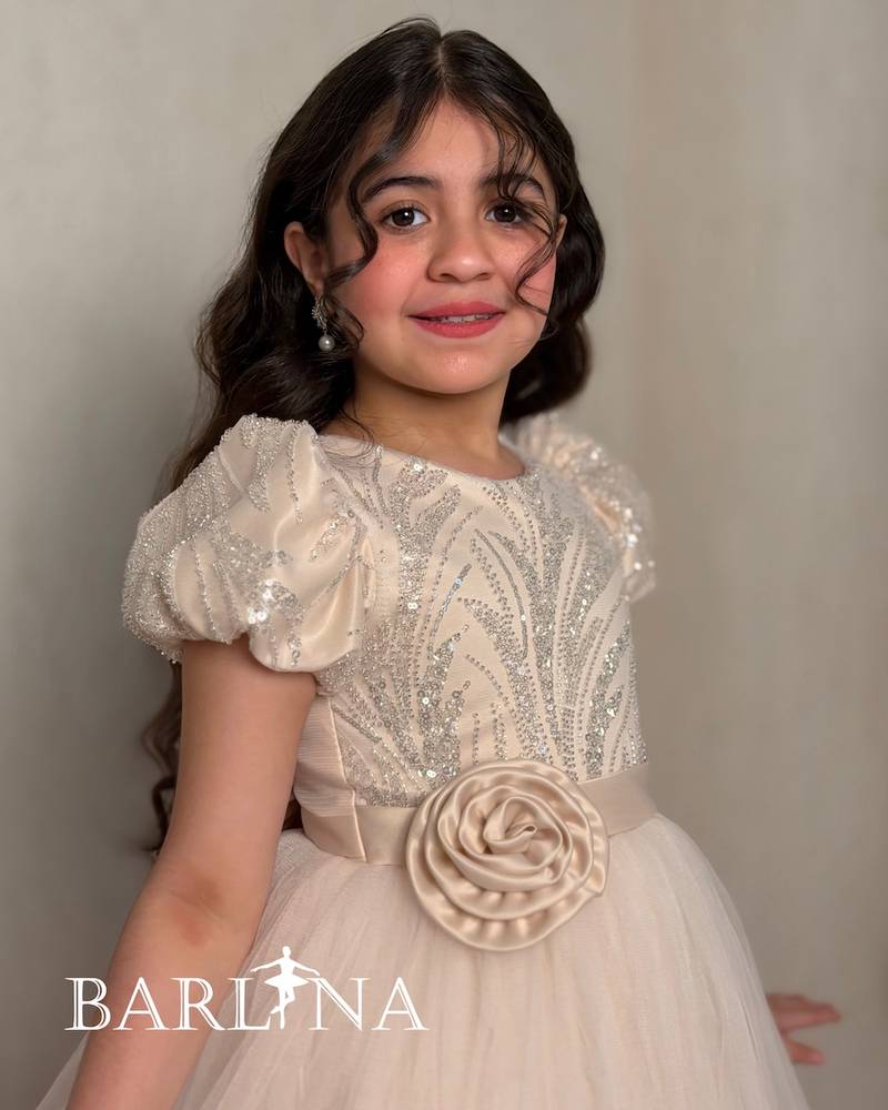 Beige tulle girls’ dress with embellished top