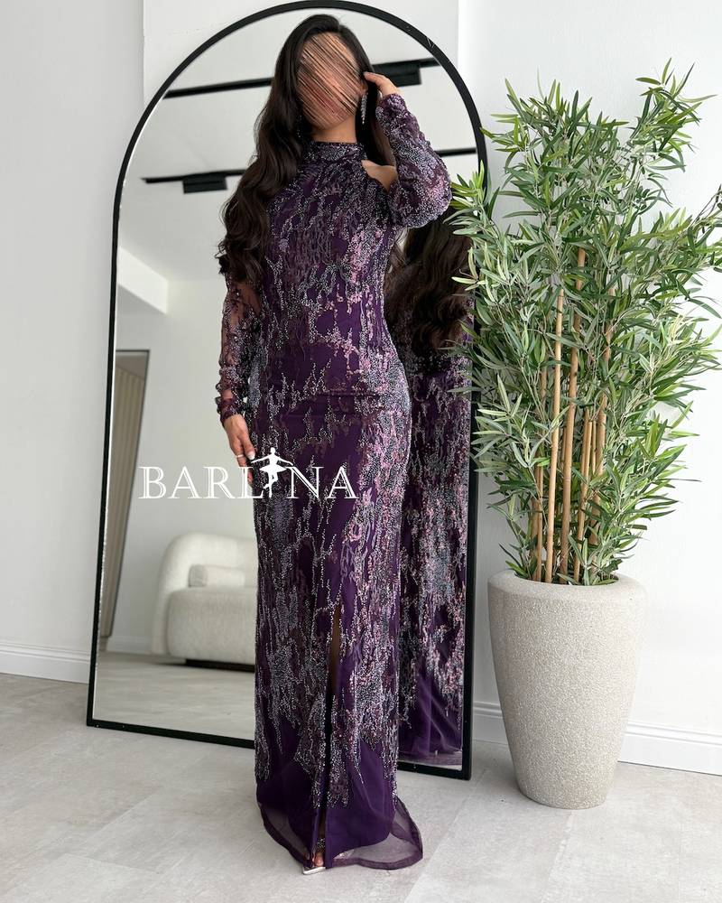 Dark lilac evening dress fully embellished