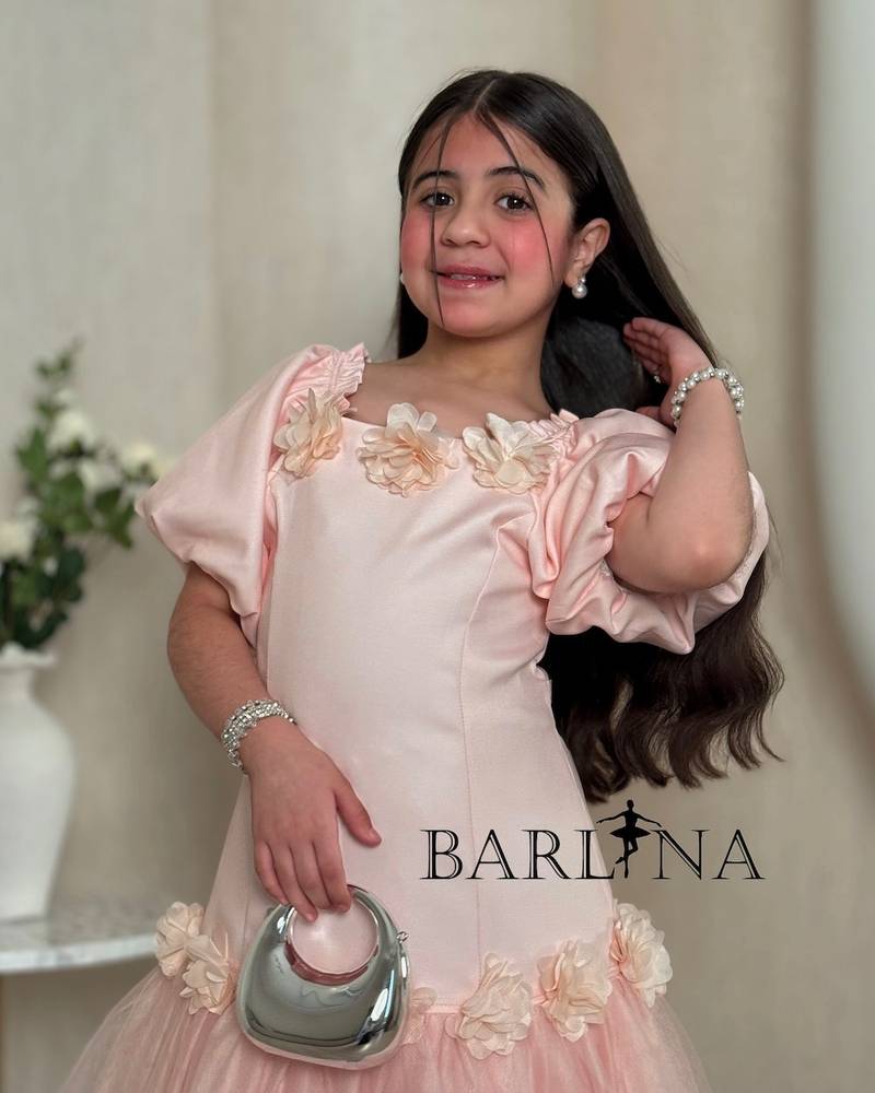 A soft girl's dress with prominent roses at the collar