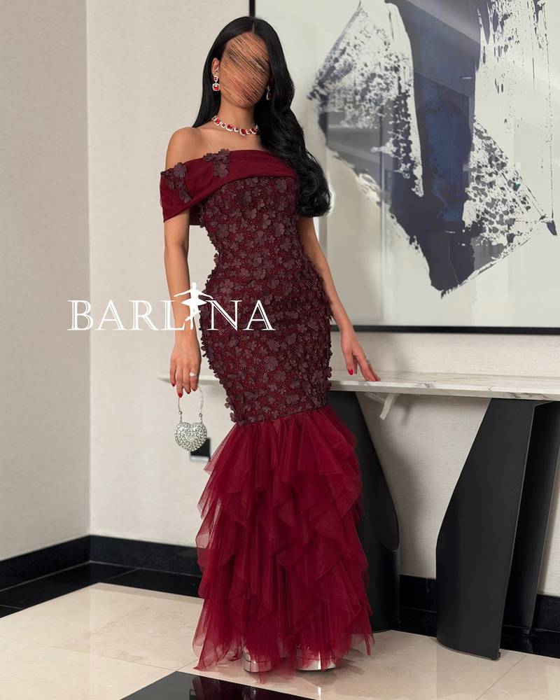 Burgundy off-shoulder dress adorned with delicate roses