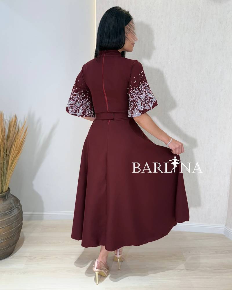 Burgundy midi dress with floral embroidered sleeves