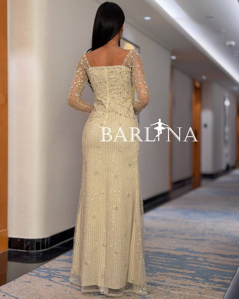 Crystal-embroidered evening dress with sheer sleeves