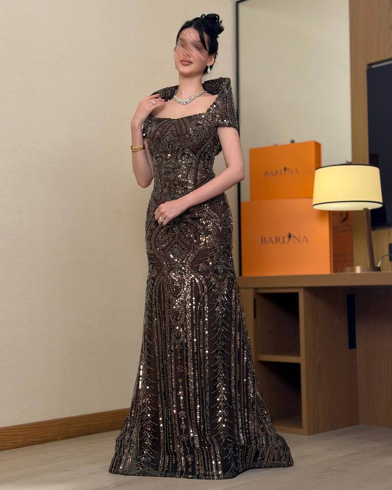 A brown evening dress fully embroidered with sequins