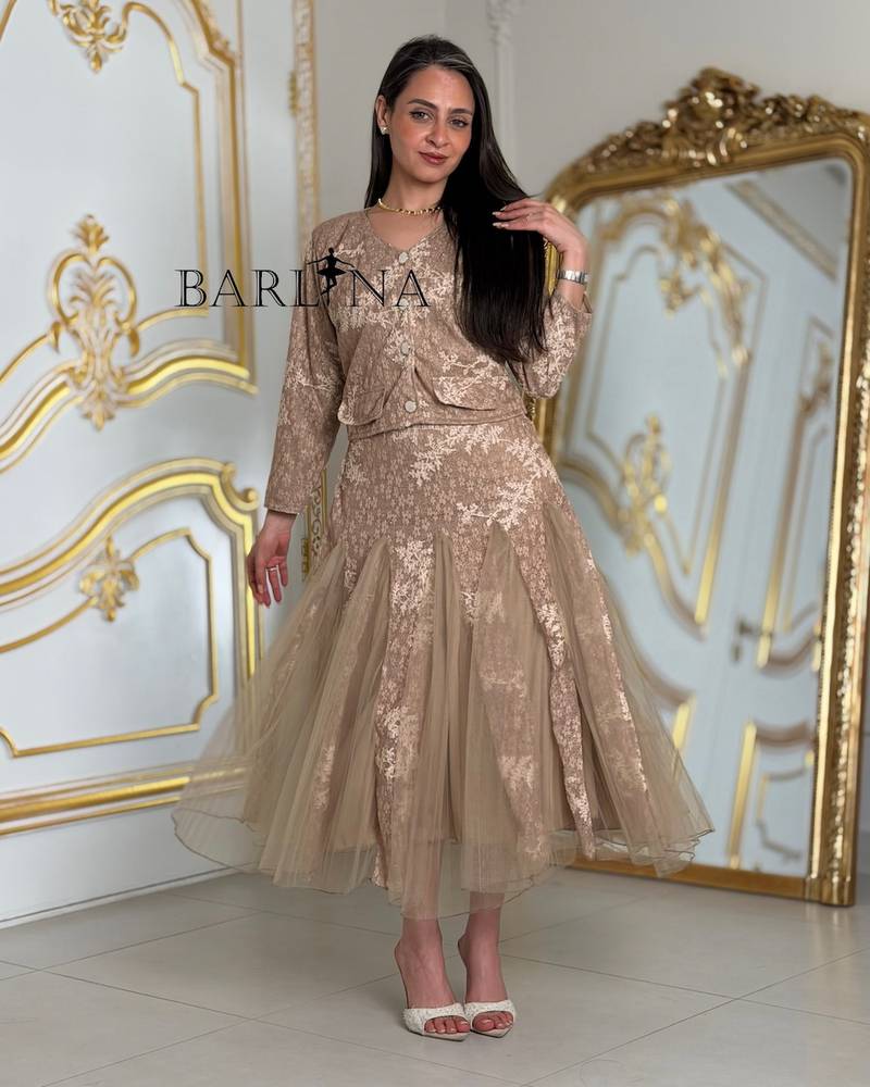 Brown floral dress with a jacket made of lace and tulle
