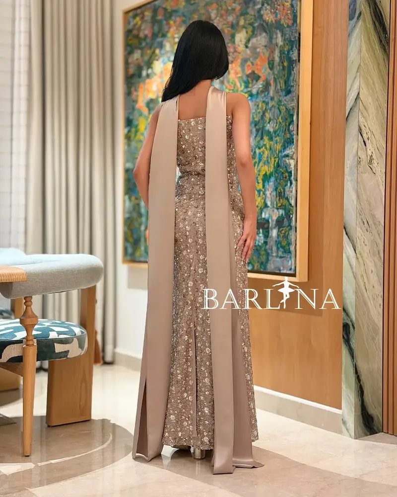 Beige evening dress with sparkling details