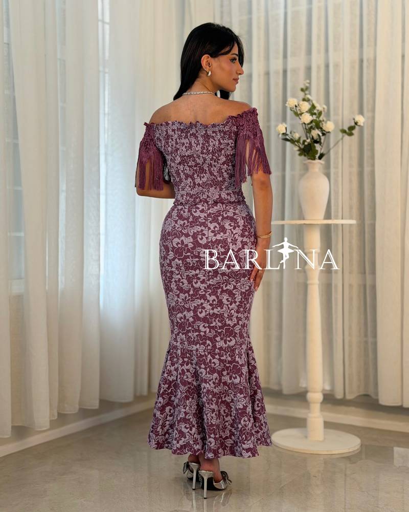 Purple floral mermaid dress with draped sleeves