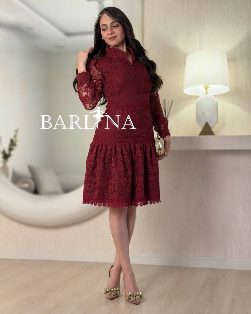 Short burgundy lace dress with subtle ruffles