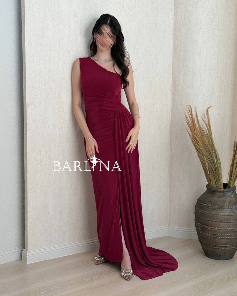 Burgundy one-shoulder dress with soft pleats