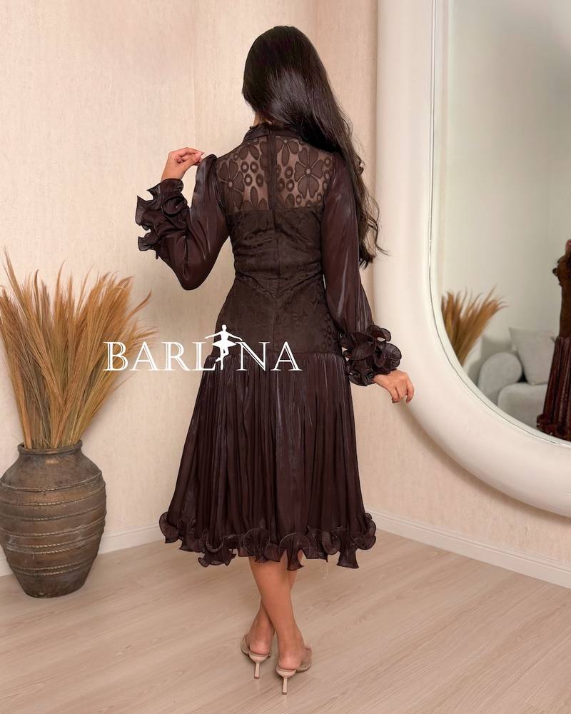 Soft short brown dress with a ruffled hem