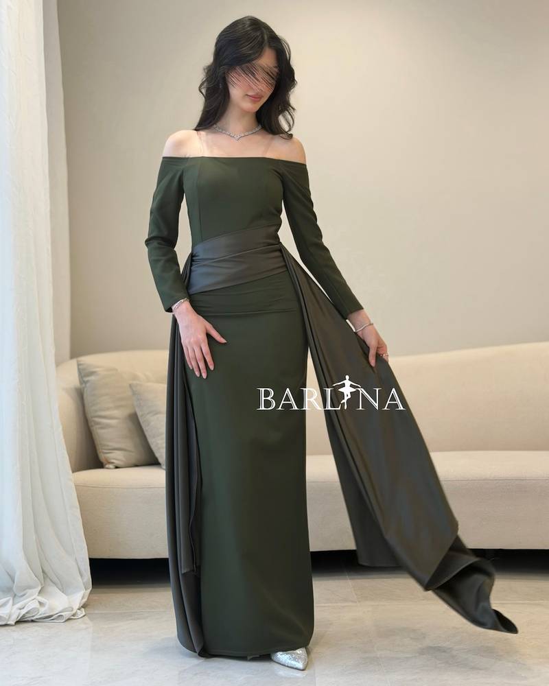 off-shoulder olive dress with side trains