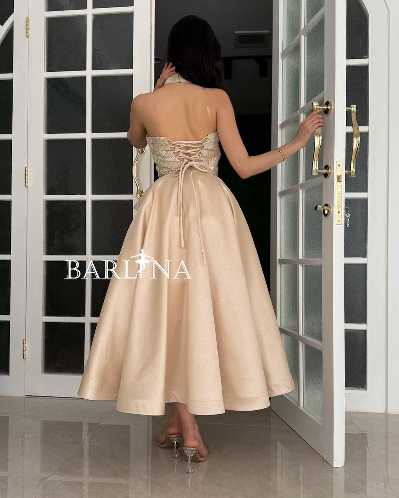 Beige high neck peplum dress