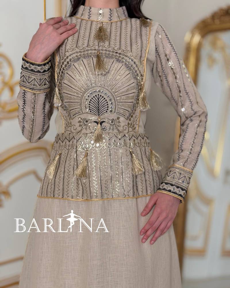 Luxurious beige jalabiya with gold embroidery