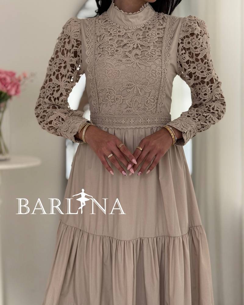 Long beige dress with a lace bodice