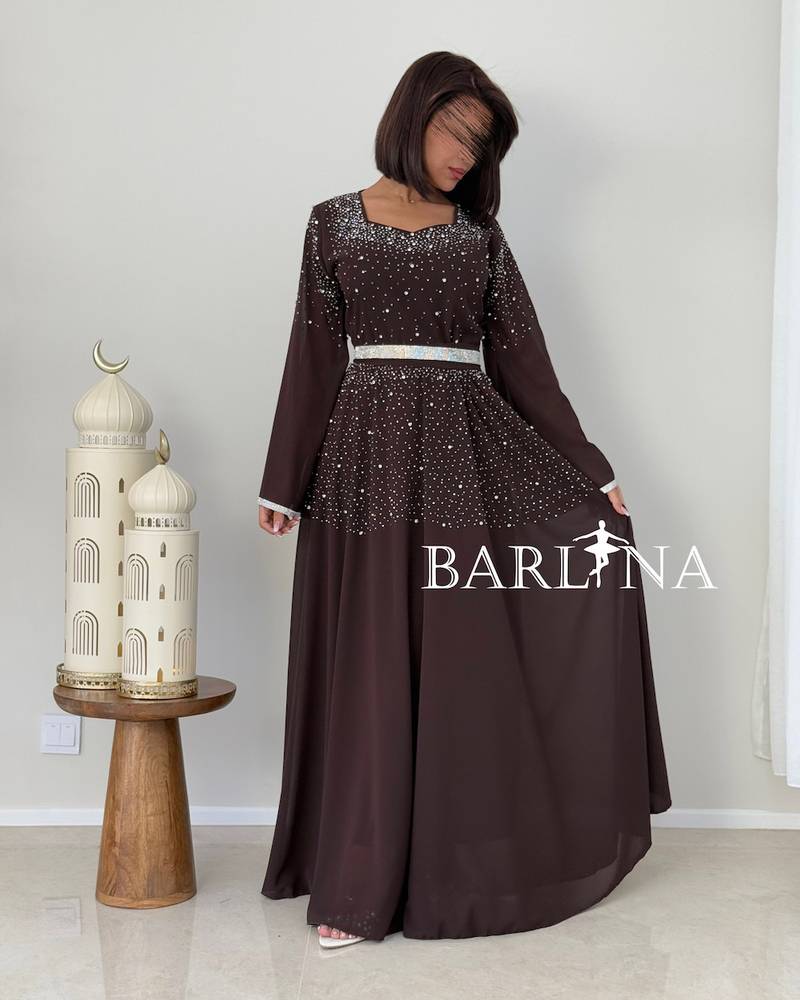Soft brown jalabiya decorated with shimmering dots