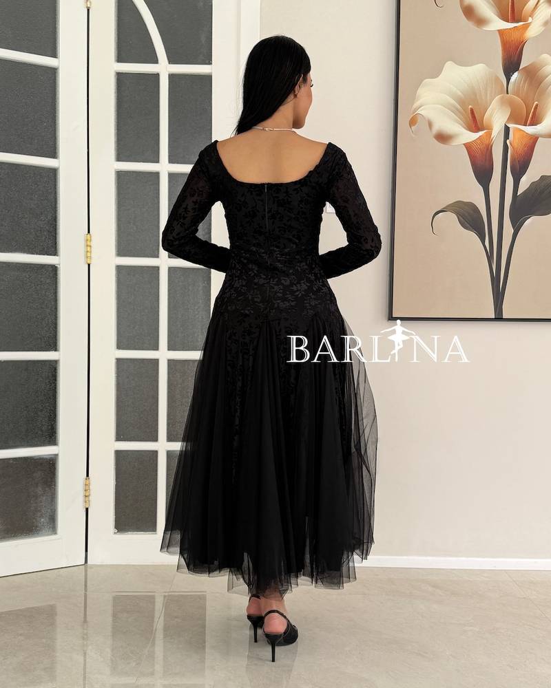 Black midi dress with velvet rose fabric