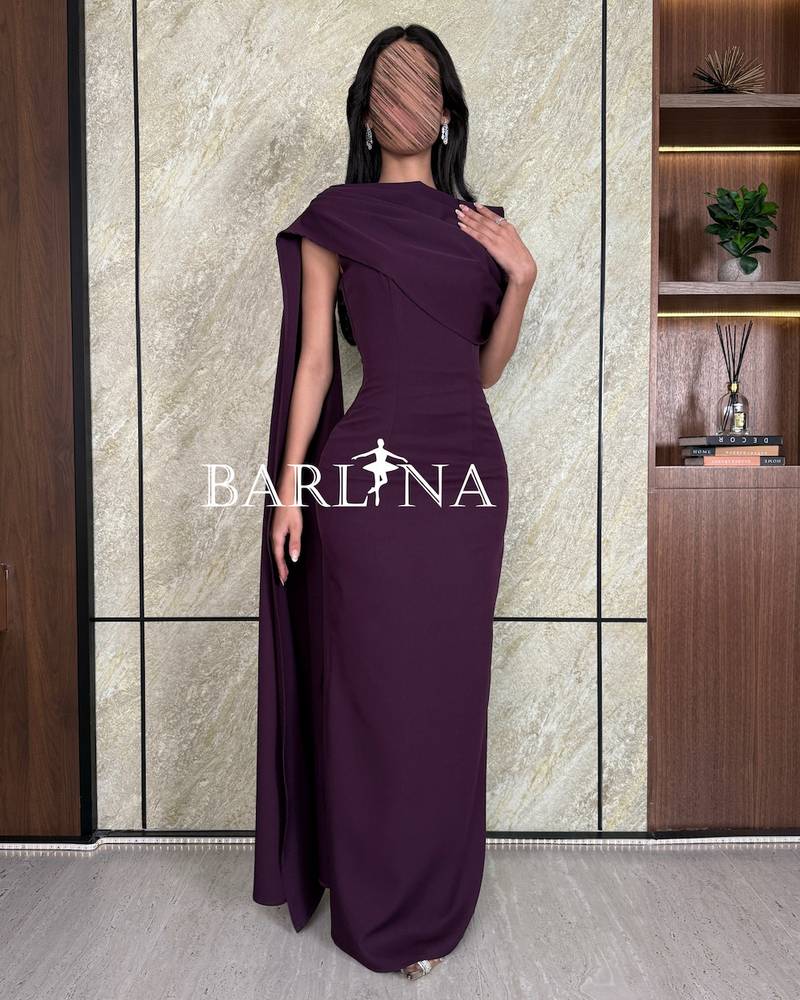 Purple one-shoulder dress with long shawl