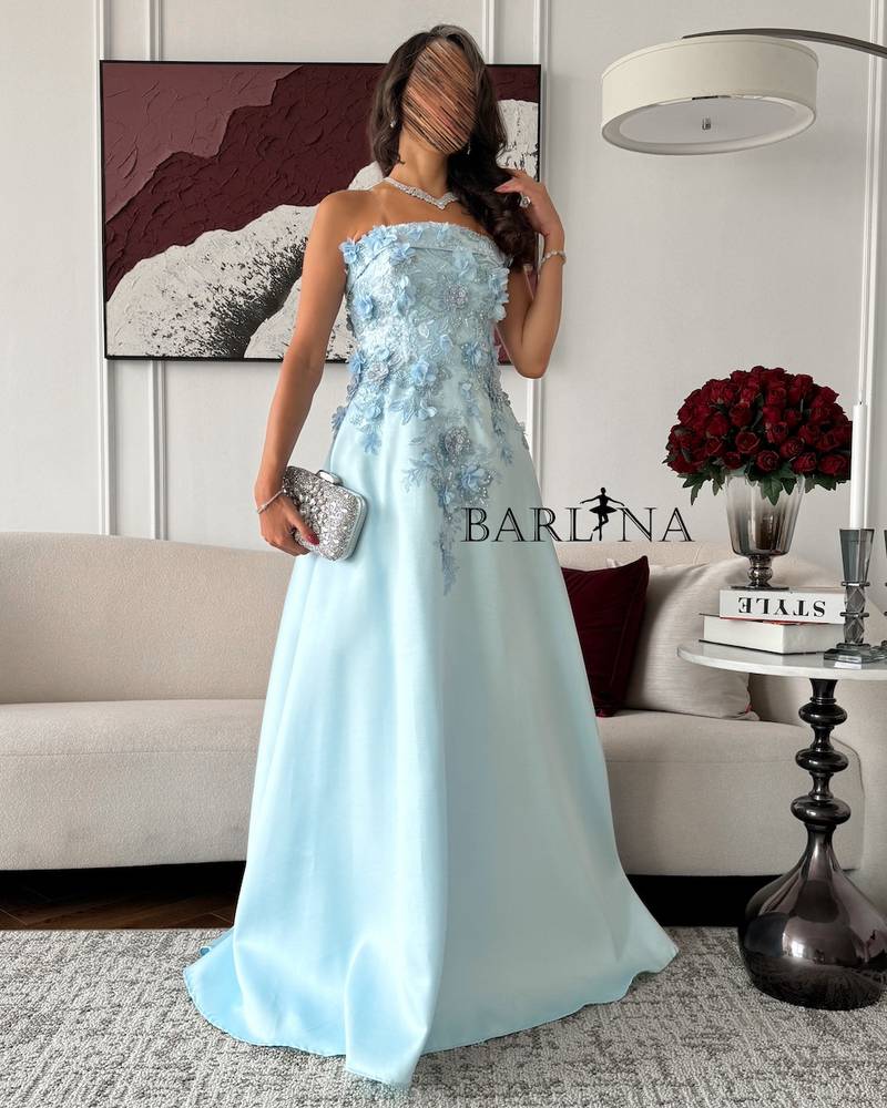 Sky blue long off shoulder evening dress