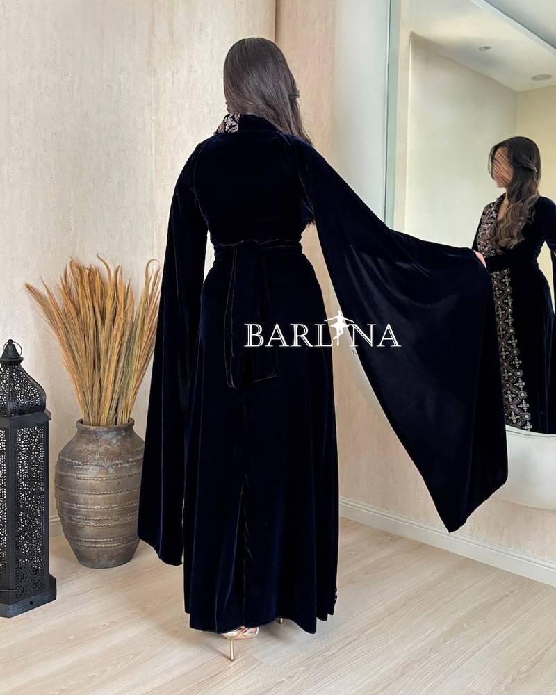 Navy velvet wrap-style jalabiya