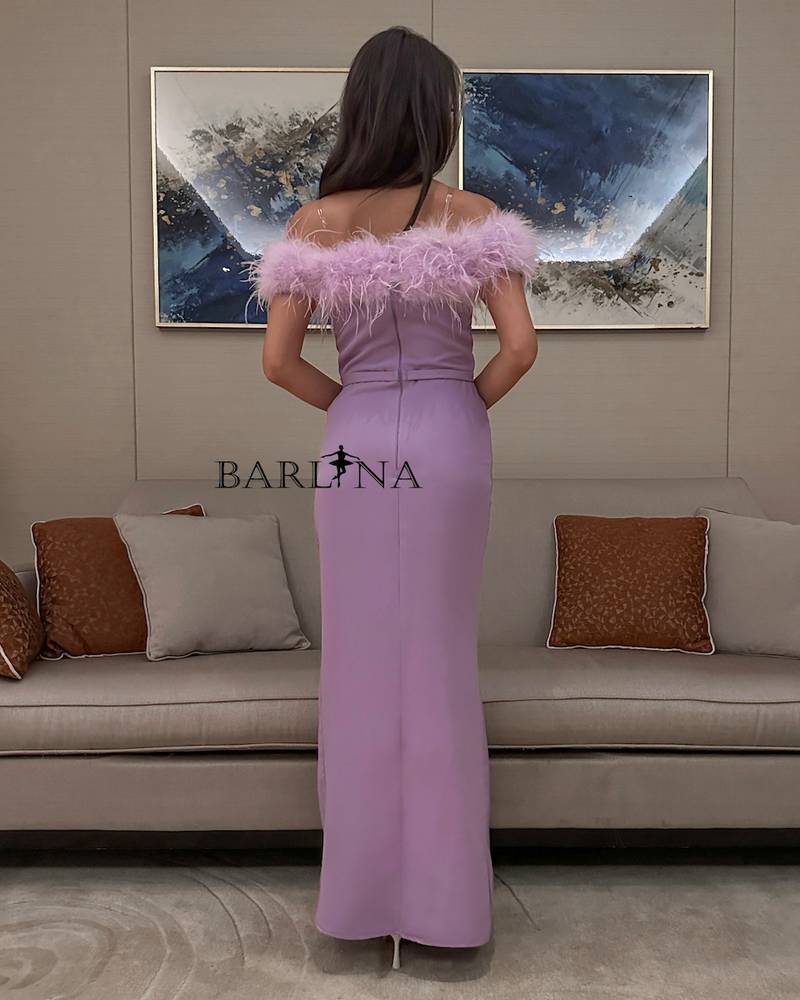 Long purple dress with off-shoulder feathers