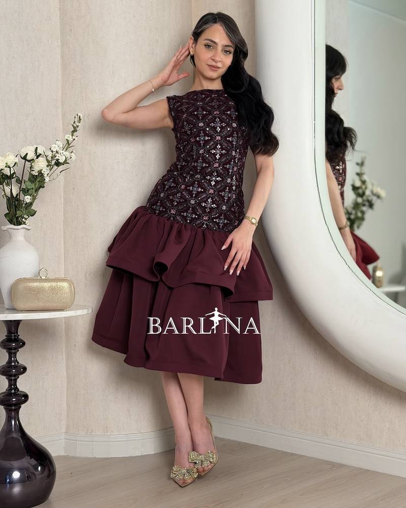 Burgundy embroidered dress with layered skirts