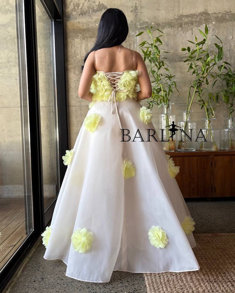 Off-white dress with 3D yellow flowers