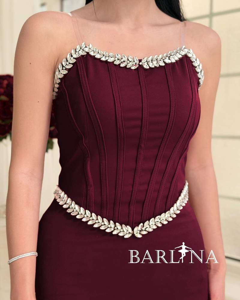 Burgundy corset dress with crystal details