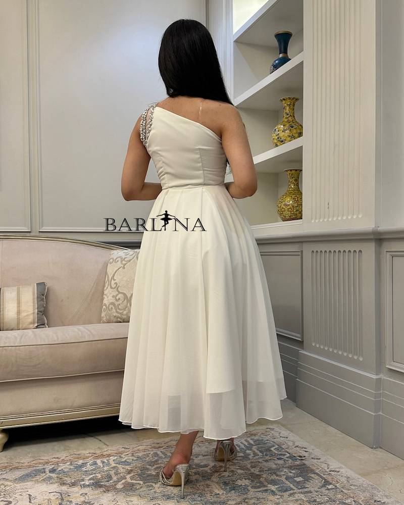 Off White Georgette Midi Dress with Crystal Shoulder