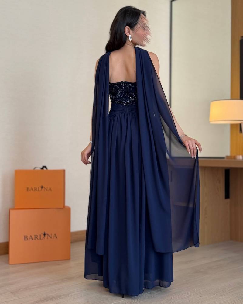 Navy Embroidered Evening Dress with Shawl