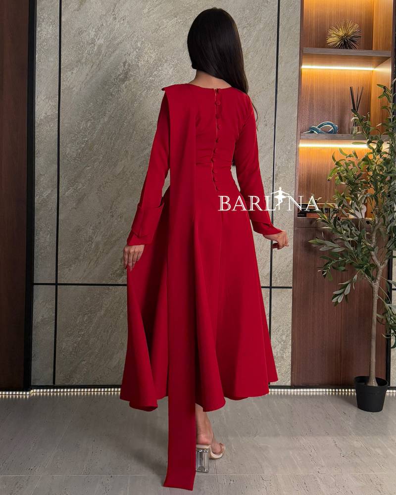 Red dress with off the shoulder detail