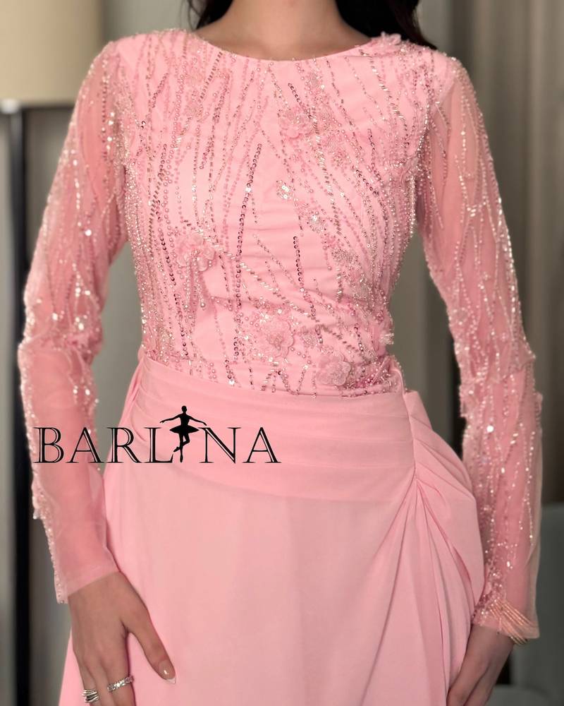 Pink draped dress with sheer embroidered sleeves