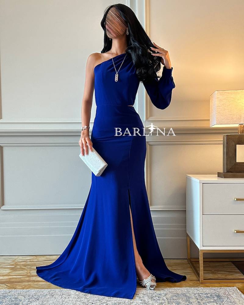 Blue one shoulder long sleeve dress