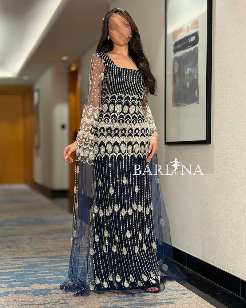 Navy evening dress with silver embroidery