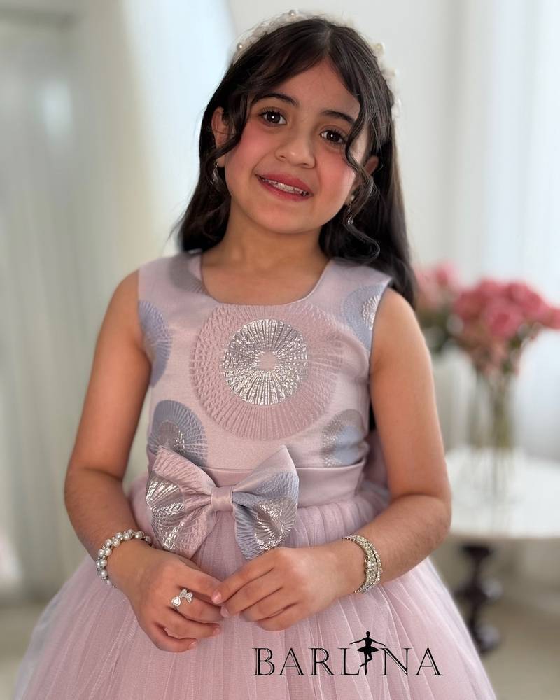 Pink jacquard dress for girls with lace trim