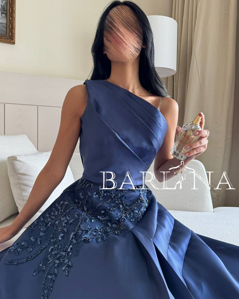 Elegant navy blue dress with one shoulder design