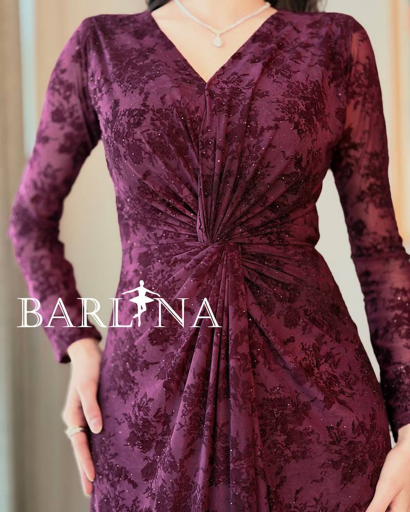Elegant burgundy velvet dress with luxurious patterns